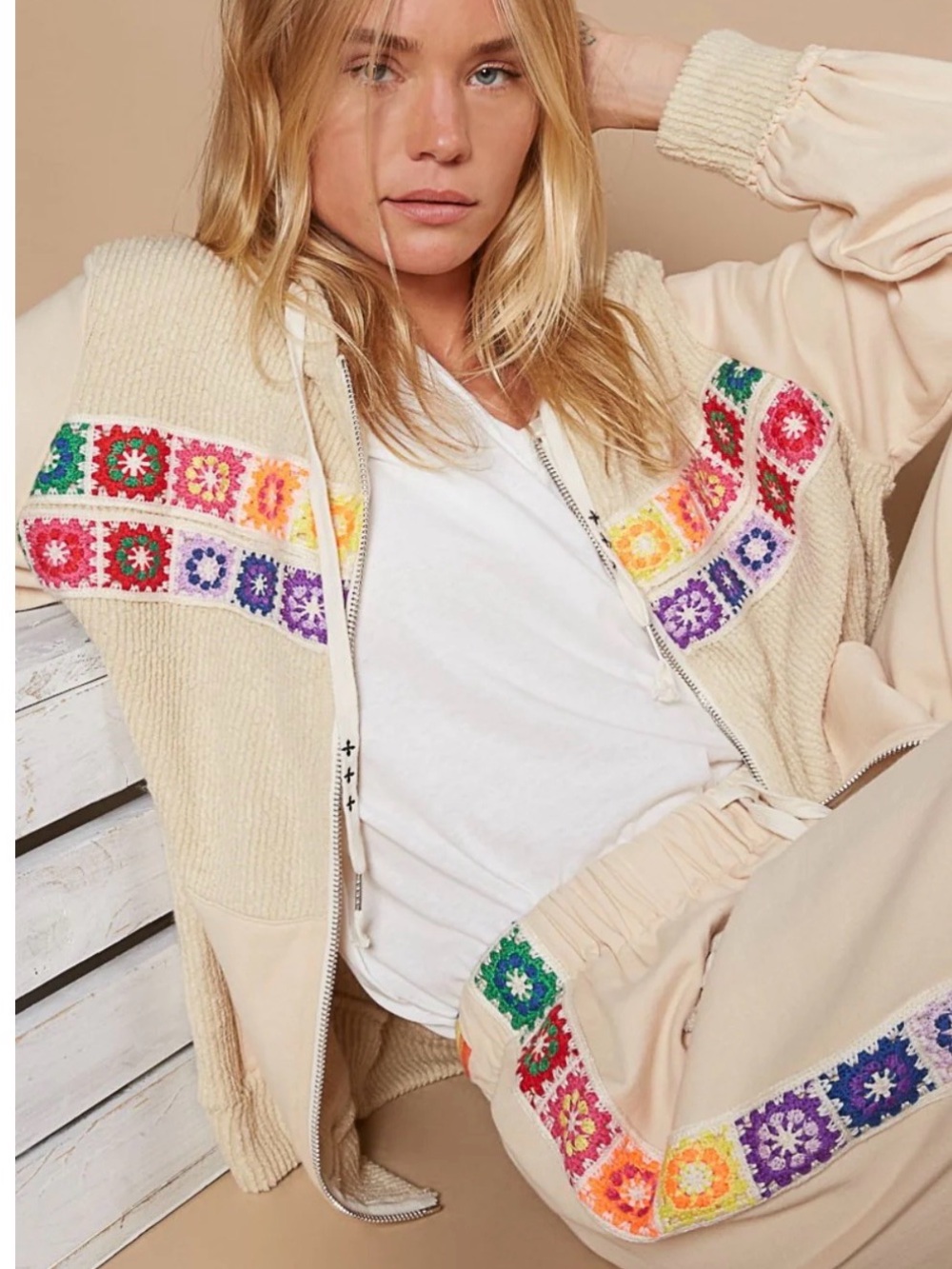 POL Cream Zip-Up Cardigan and PANTS with Multicolor Crochet Panels Size large.